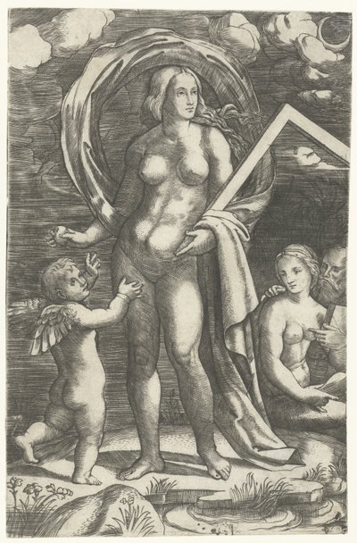 Venus met tekenhaak en Cupido en liefdespaar door Giacomo Francia