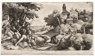 Herders in een landschap, ca. 1517 door Giulio Campagnola