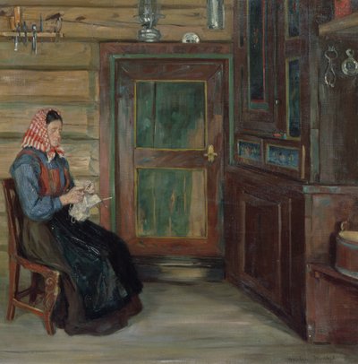 Boereninterieur met breiende vrouw door Gustav Wentzel