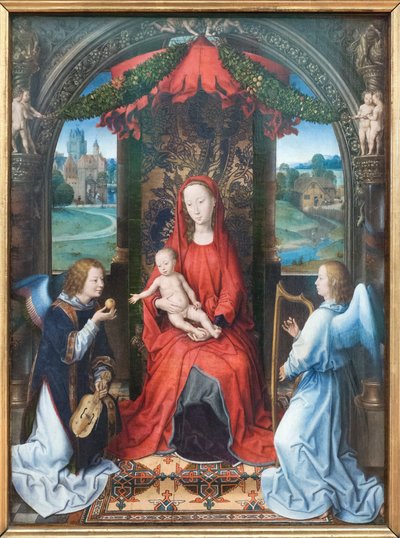 Madonna en Kind op de Troon met engelen door Hans Memling