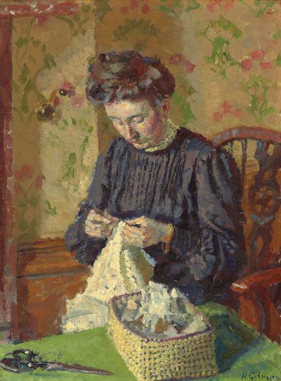 Vrouw aan het naaien, ca. 1908 door Harold Gilman