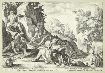 De Riviergod Peneus omringd door andere goddelijke figuren door Hendrick Goltzius