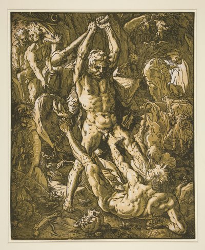 Hercules doodt Cacus door Hendrick Goltzius