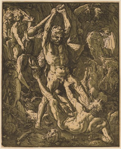 Hercules doodt Cacus door Hendrik Goltzius