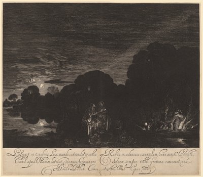 De vlucht naar Egypte door Hendrik Goudt after Adam Elsheimer