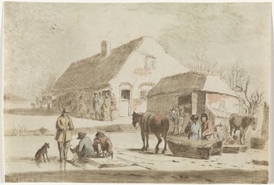 Schaatsenrijders en een slede bij een boerderij door Hendrik Spilman