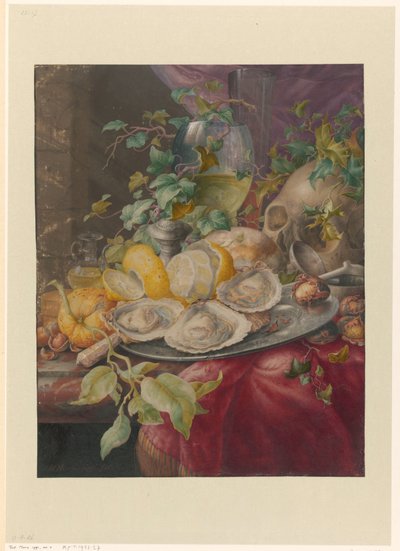 Vanitasstilleven met oesters en schedel door Herman Henstenburgh