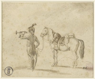 Trompetter naast paard door Emile Jean Horace Vernet