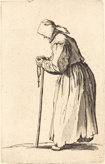 Bedelvrouw met rozenkrans door Jacques Callot