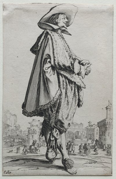 Heer staand in profiel met gevouwen handen door Jacques Callot