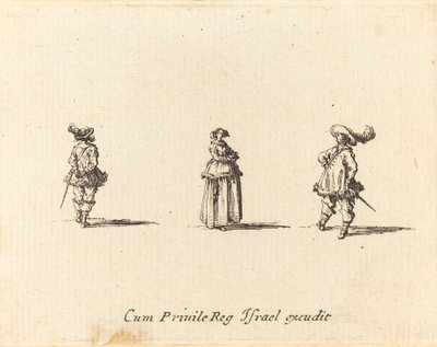 Dame met gevouwen armen en twee heren door Jacques Callot