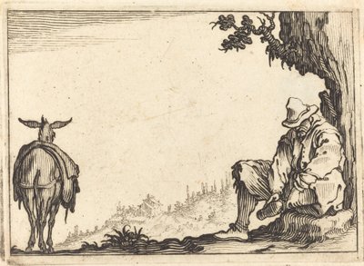 Boer die zijn schoen uittrekt door Jacques Callot