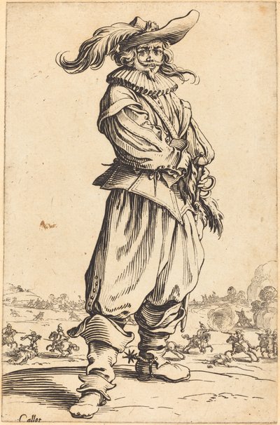 Soldaat met gevederde hoed door Jacques Callot