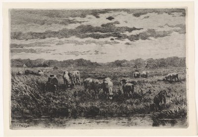 Landschap met schapen door Johannes Martinus Vrolijk