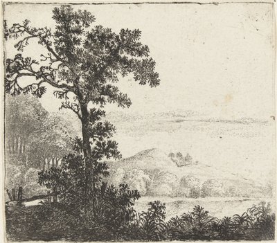 Landschap met boom bij een rivieroever door Jan van Brosterhuyzen