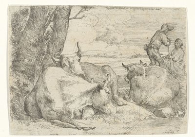 Drie koeien en twee herders door Jan van Ossenbeeck