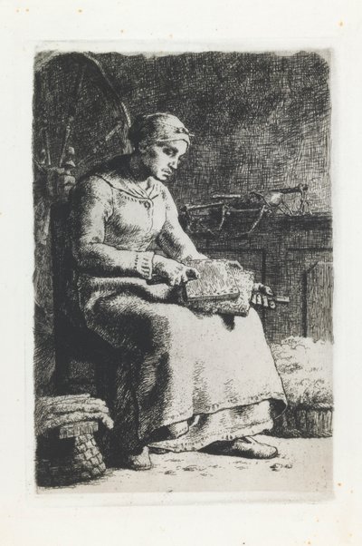 Vrouw die Wol Kaart door Jean Francois Millet