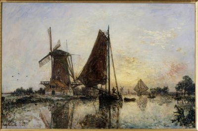 In Holland. Schepen bij een molen door Johan Barthold Jongkind