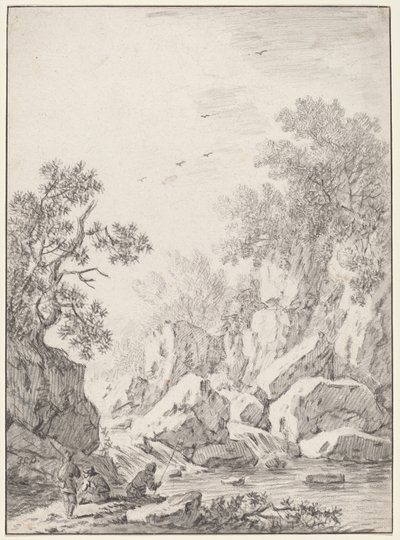 Een waterval bij rotskliffen, 1750s door Johann Christoph Dietzsch