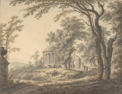 Idyllisch landschap met tempel, 1770 door Johann Heinrich Muntz