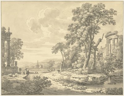 Italiaans landschap met ruïnes door Johann Heinrich Muntz