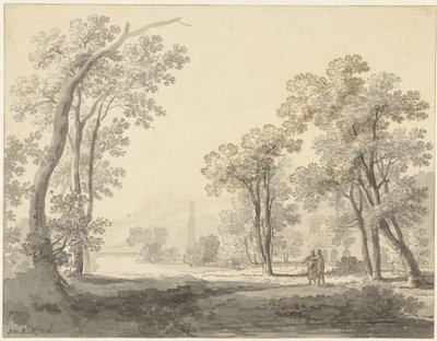 Landschap met rechts twee figuren door Johann Heinrich Muntz