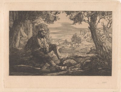 Zittende man in heuvellandschap door Johannes Josephus Aarts