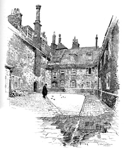 Oude Charterhouse: In Washhouse Court, 1886 door Joseph Pennell