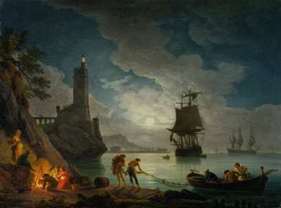 Een haven bij maanlicht door Claude Joseph Vernet