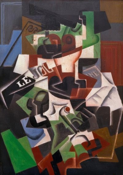 Schaal, pijp en krant door Juan Gris