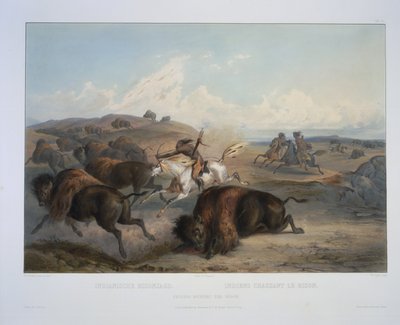 Indianen die op de bison jagen door Karl Bodmer