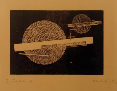 Zonder titel (Twee cirkels met balk) door Laszlo Moholy Nagy