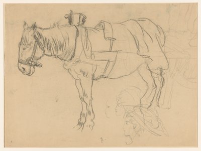 Aangespannen paard en kopstudies door Leo Gestel (signed by artist)