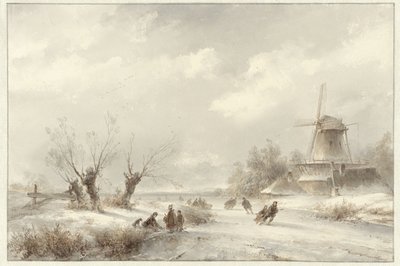 Winterlandschap met schaatsenrijders bij een molen door Lodewijk Johannes Kleijn