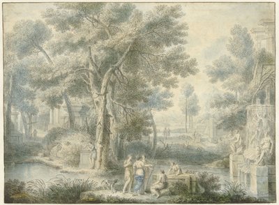 Arcadisch landschap, met rechts een fontein door Louis Fabritius Dubourg