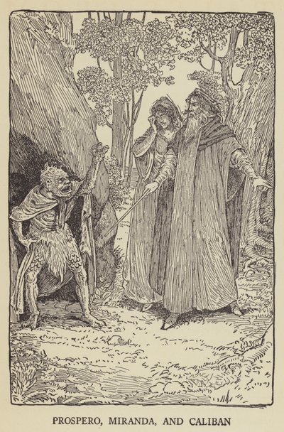 Prospero, Miranda en Caliban door Louis John Rhead