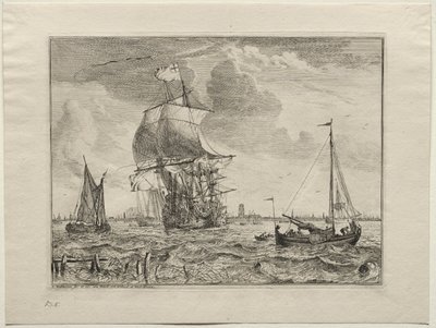 Mariene scène met Amsterdam in de verte door Ludolf Backhuysen