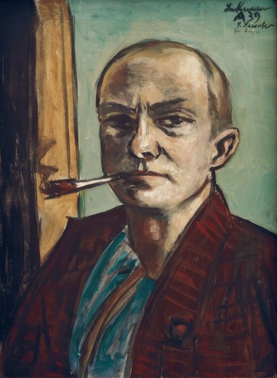 Zelfportret op groen met groen hemd door Max Beckmann