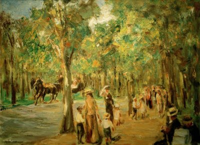 Laan in het Tiergarten met wandelaars en koets door Max Liebermann