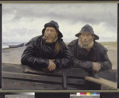 Twee vissers naast een boot door Michael Ancher