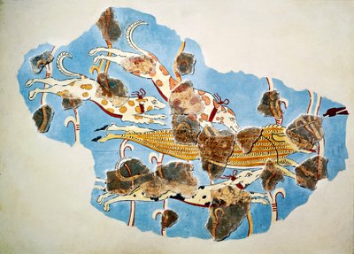 Fresco met jachtscène, uit Tiryns, Griekenland door Mycenaean Mycenaean