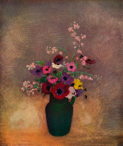 Bloemen in een groene vaas door Odilon Redon