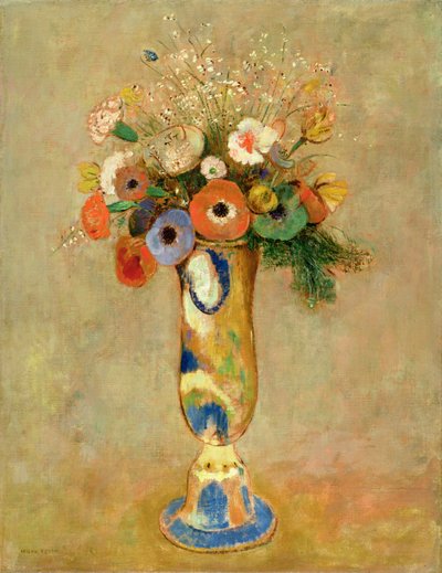 Bloemen in een geschilderde vaas door Odilon Redon