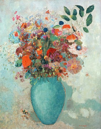 Bloemen in een turquoise vaas, ca. 1912 door Odilon Redon