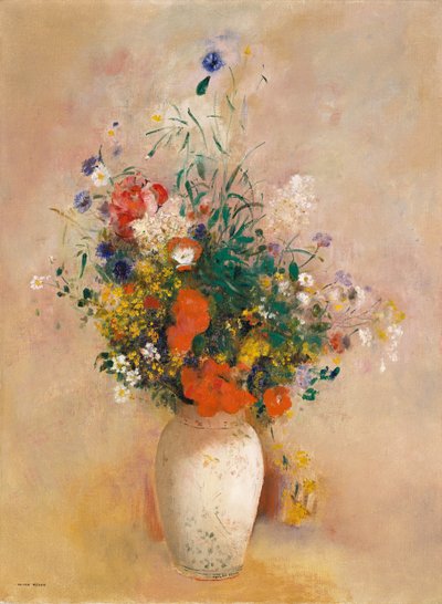 Vaas met bloemen roze achtergrond, ca. 1906 door Odilon Redon