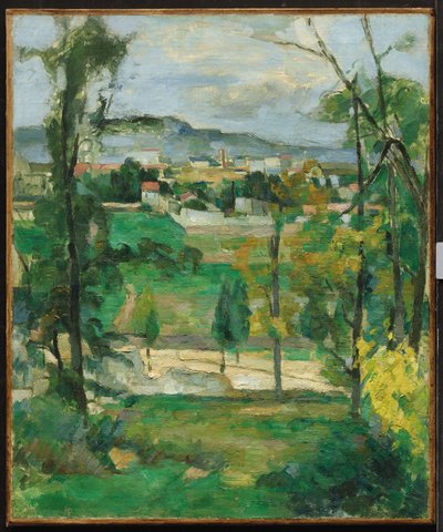 Dorp achter bomen, Île-de-France, ca. 1879 door Paul Cézanne