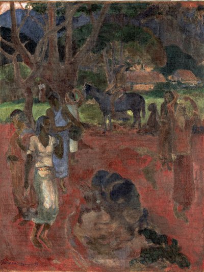 Tahitiaans Landschap met Negen Figuren door Paul Gauguin