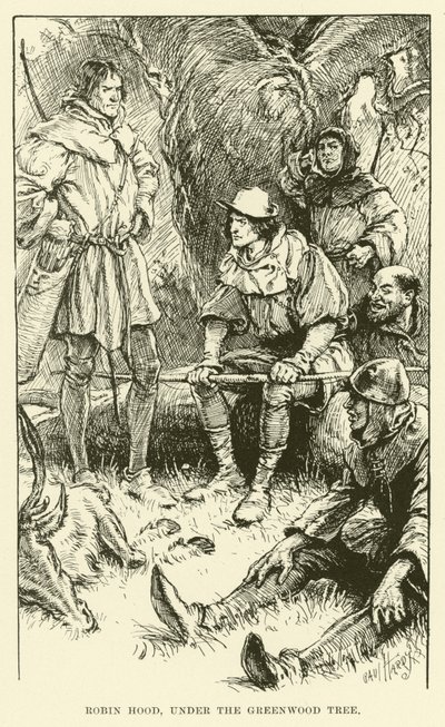 Robin Hood, onder de Groene Boom (gravure) door Paul Hardy