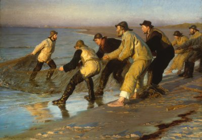 Vissers trekken netten op het strand van Skagen door Peder Severin Krøyer