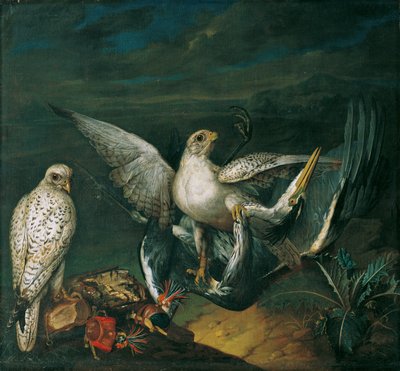 Witte jachtvalken met een reiger door Philipp Ferdinand de Hamilton